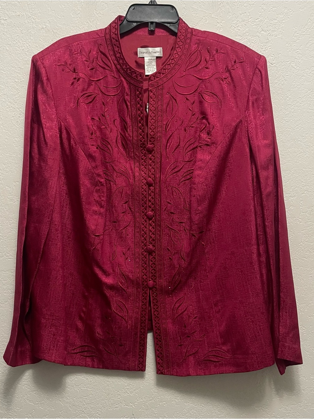 Draper's & Damon's burgundy silk jacket with embroidered floral design, size 24W
